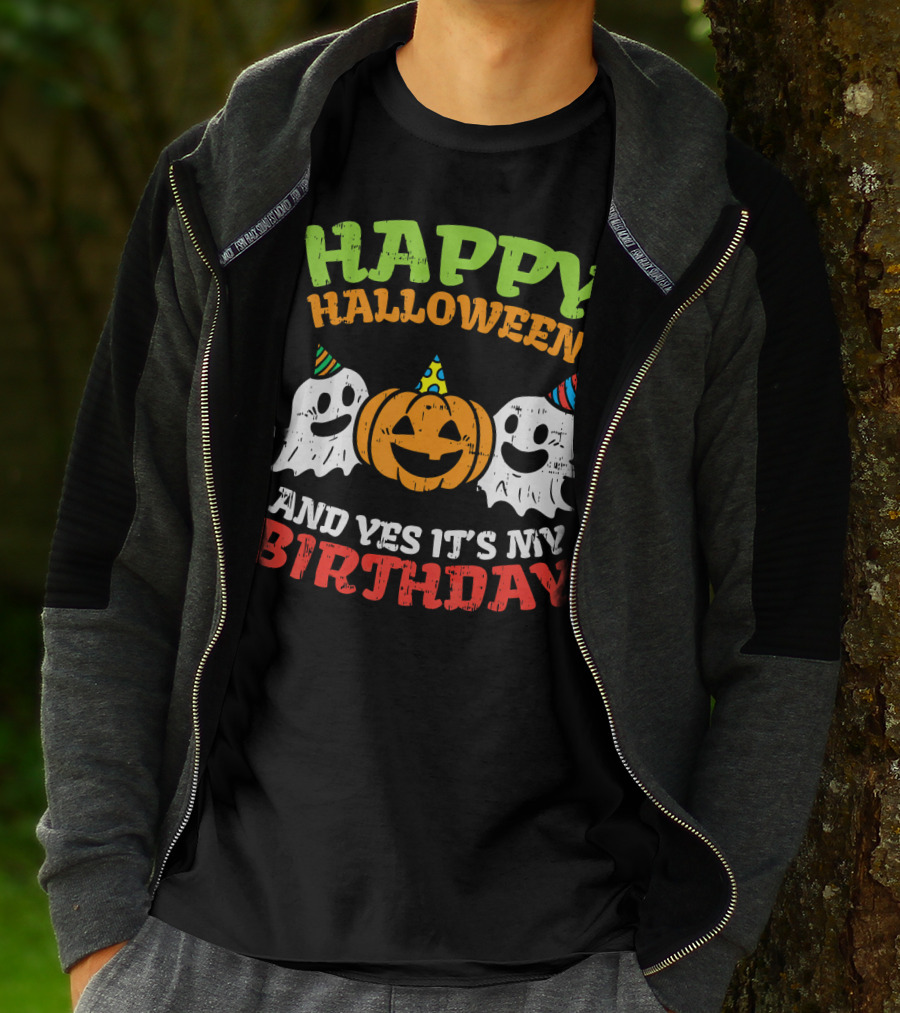 Happy Halloween And Yes It's My Birthday Ghosts Pumpkin Party Hats T-Shirt