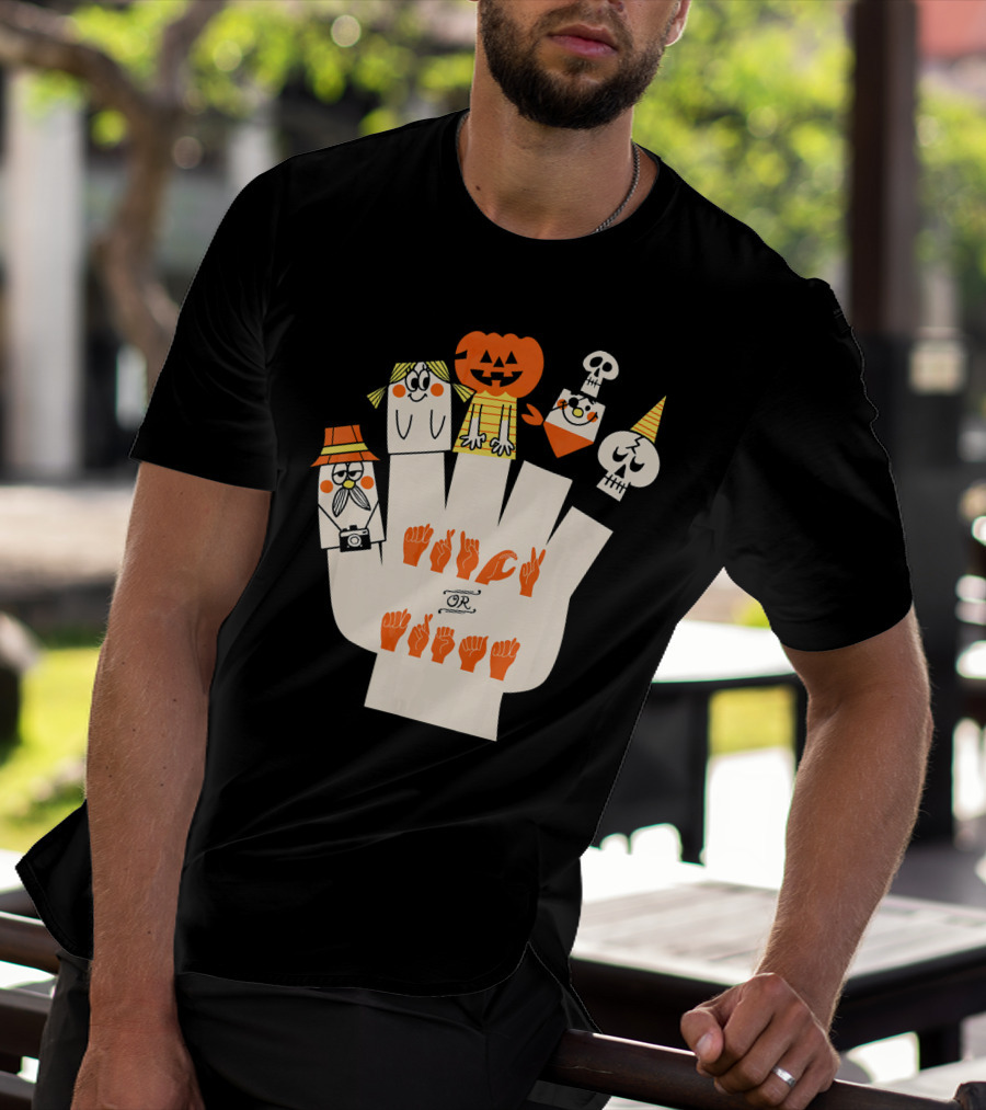 Trick Or Treat ASL Halloween Hand Signs With Pumpkin And Ghost Characters T-Shirt