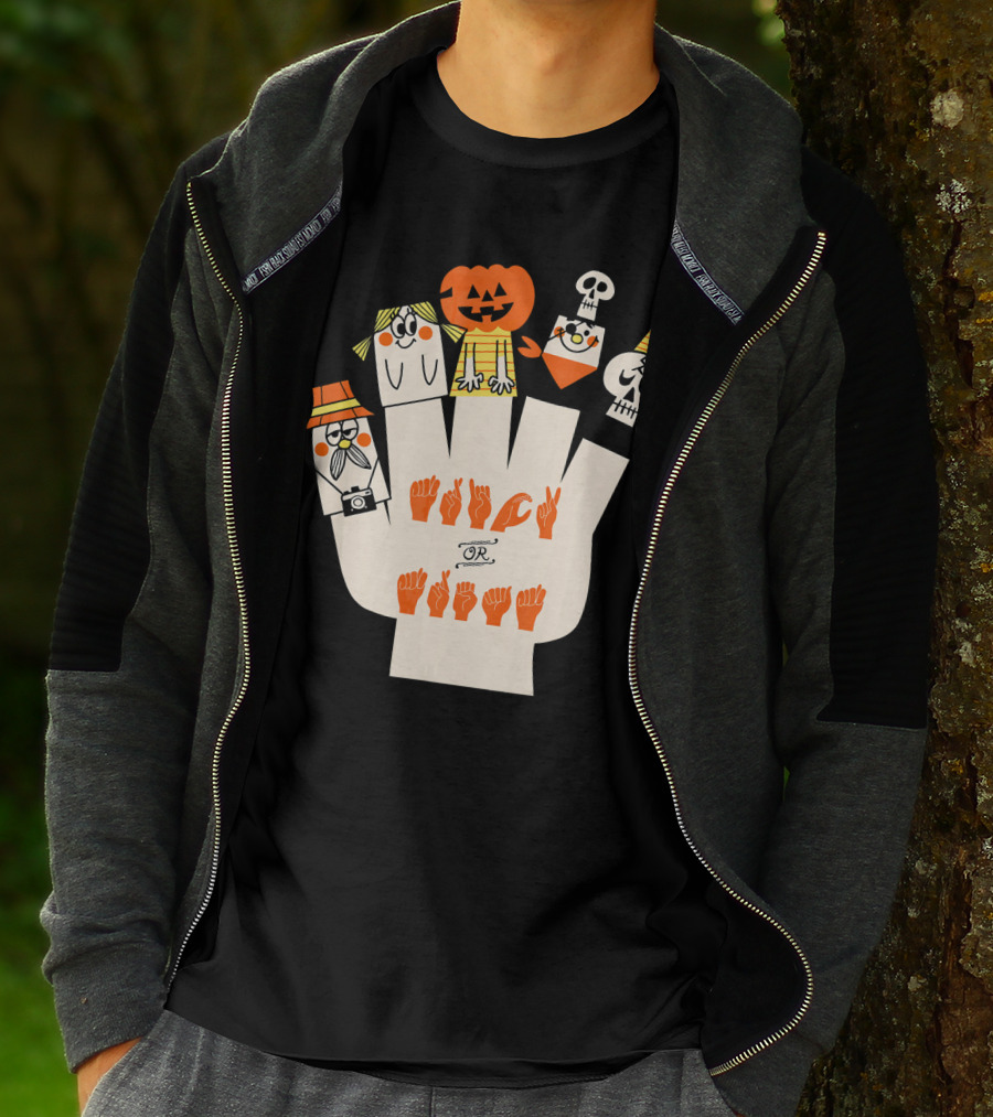 Trick Or Treat ASL Halloween Hand Signs With Pumpkin And Ghost Characters T-Shirt