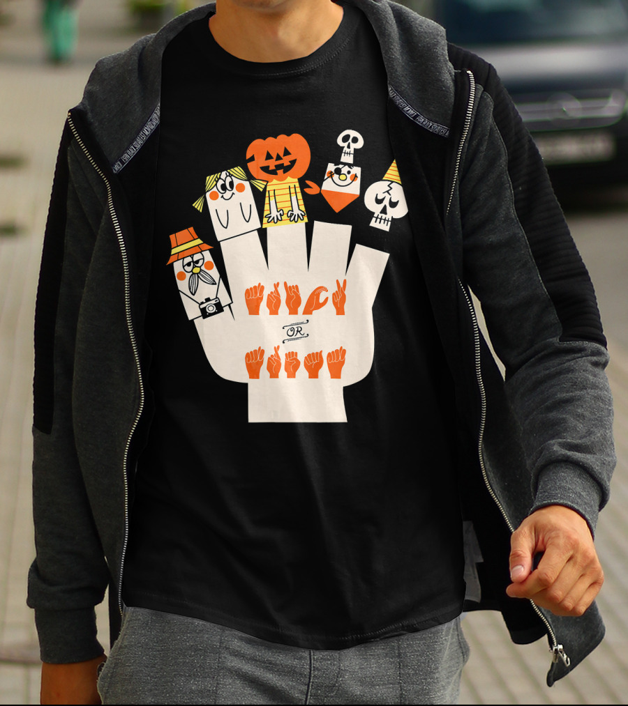 Trick Or Treat ASL Halloween Hand Signs With Pumpkin And Ghost Characters T-Shirt