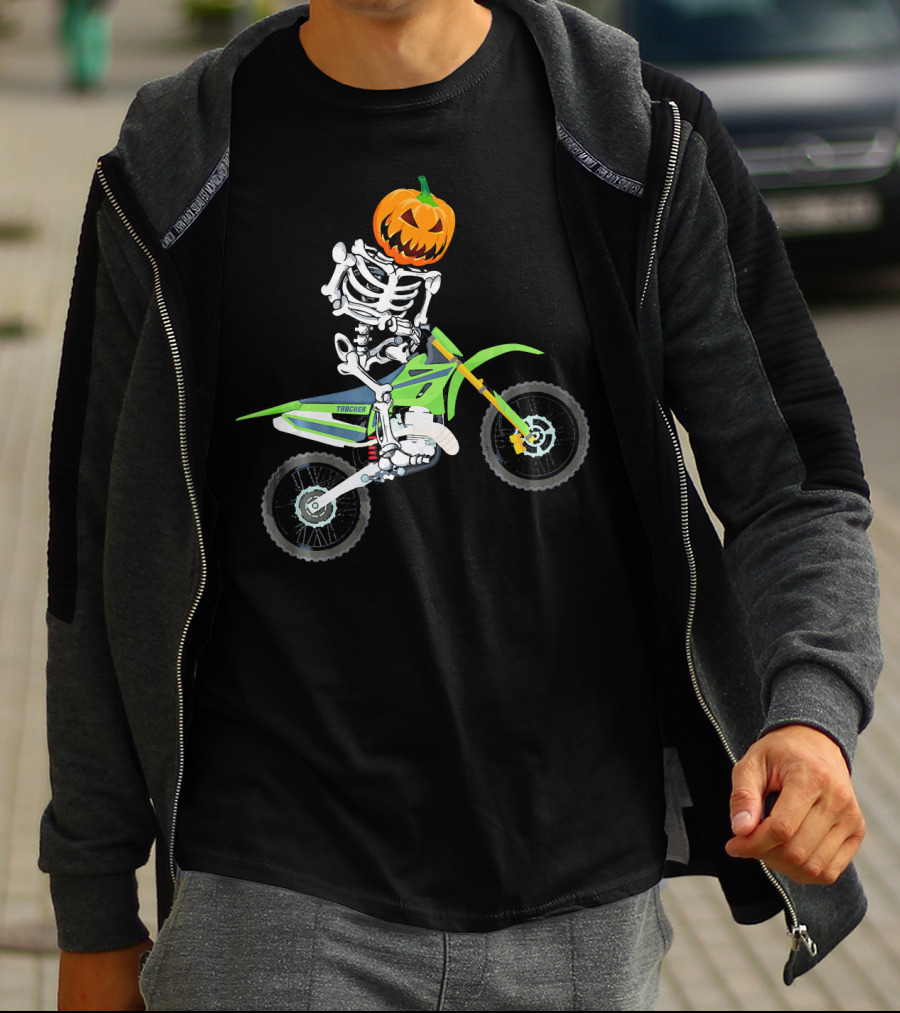 Skeleton Dirt Bike Halloween Pumpkin Rider T-Shirt