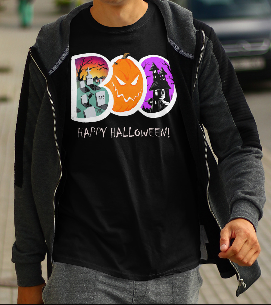 Happy Halloween Boo Trick Or Treat Pumpkin Graveyard Haunted House T-Shirt