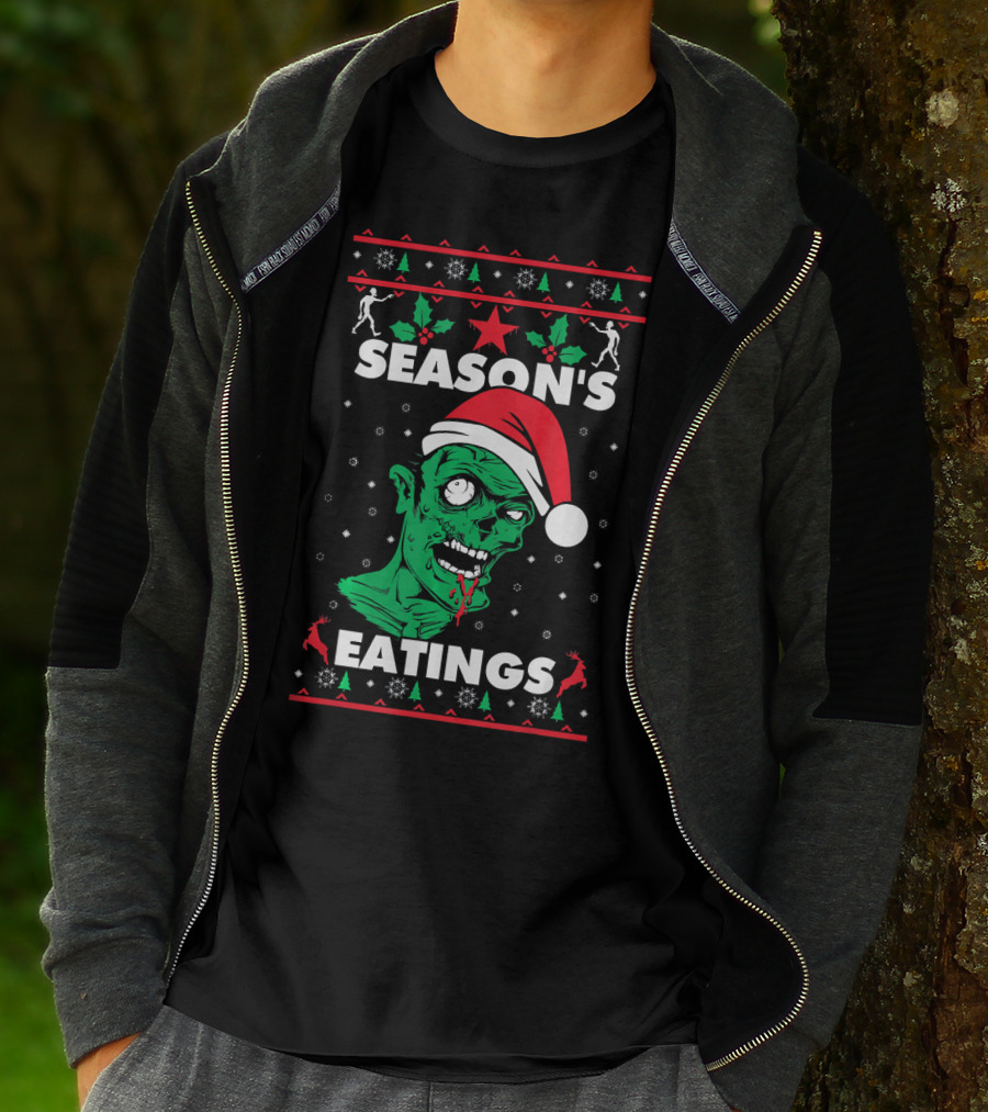 Season's Eatings Ugly Christmas Zombie Santa Hat Snowflakes T-Shirt