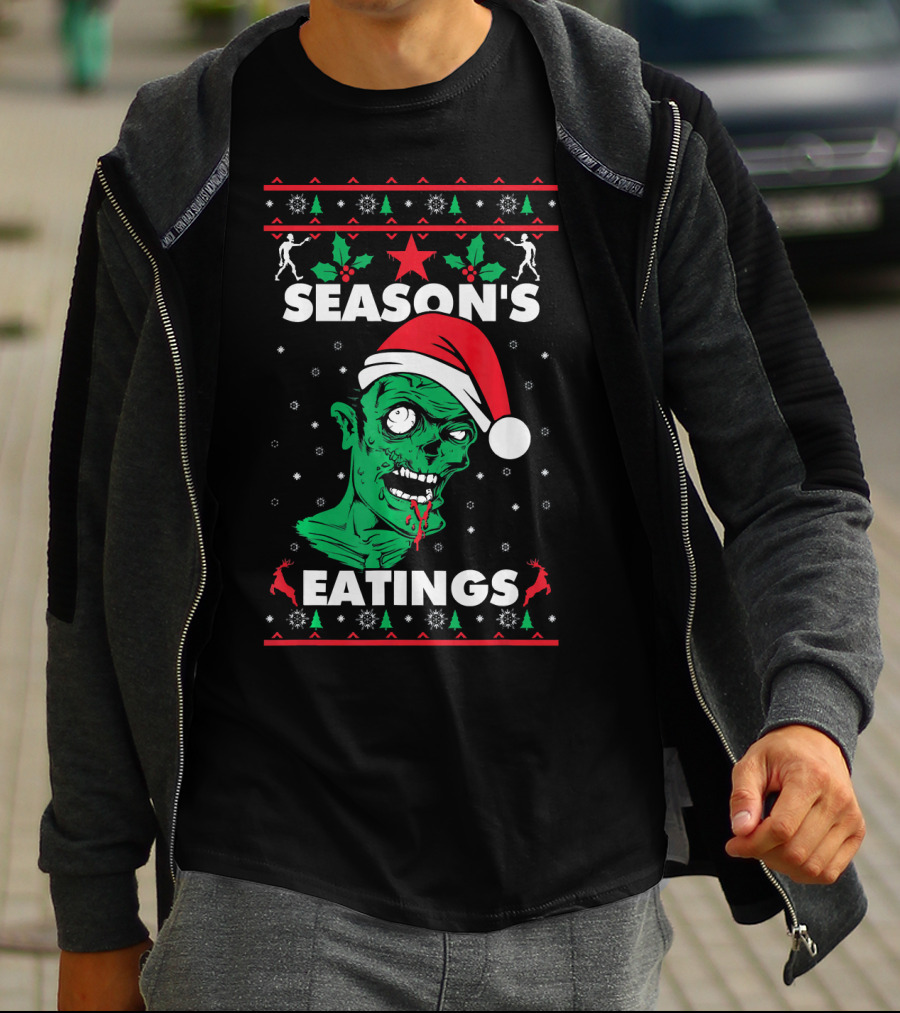 Season's Eatings Ugly Christmas Zombie Santa Hat Snowflakes T-Shirt