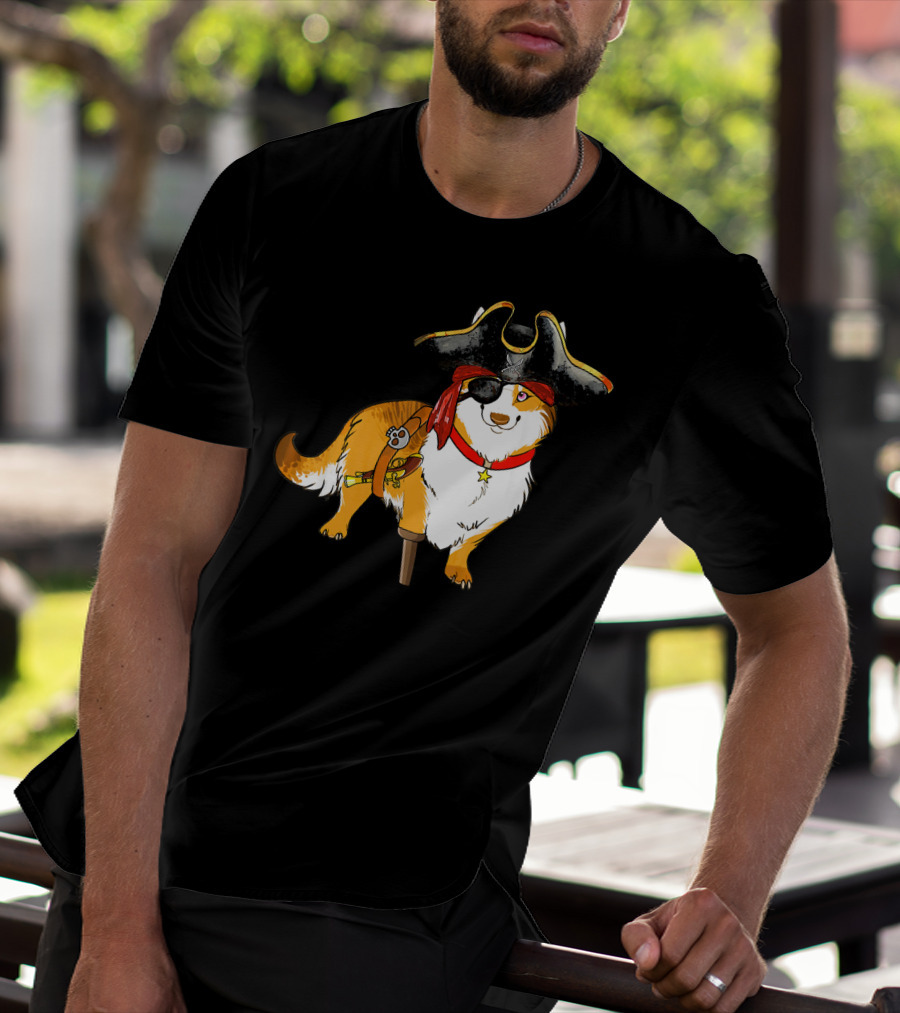 Funny Corgi Pirates With Pegleg And Eyepatch T-Shirt