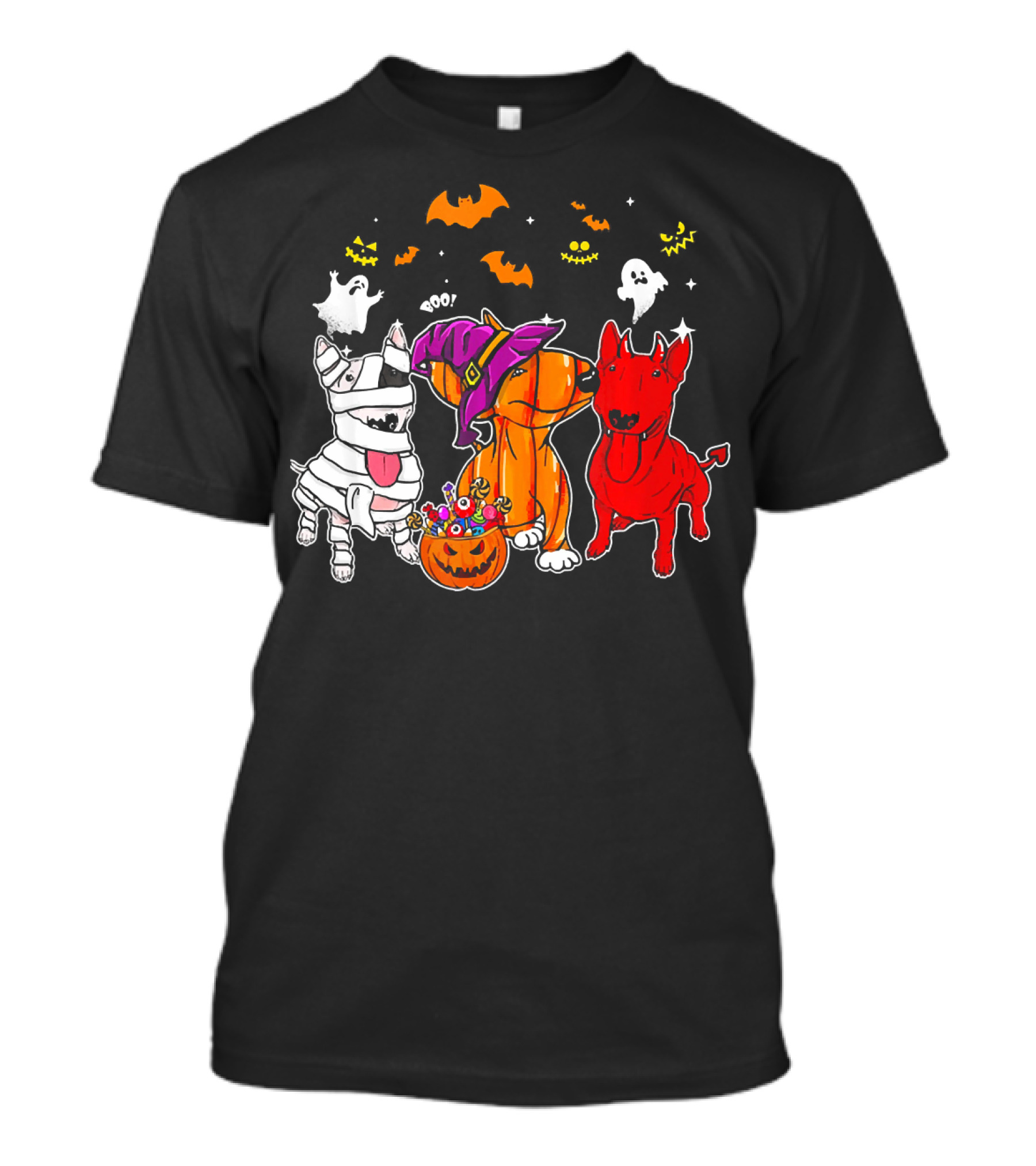Adorable Bull Terrier Trio In Halloween Costumes With Spooky Ghosts And Bats T-Shirt
