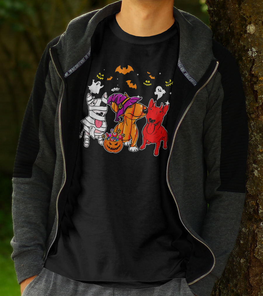 Adorable Bull Terrier Trio In Halloween Costumes With Spooky Ghosts And Bats T-Shirt