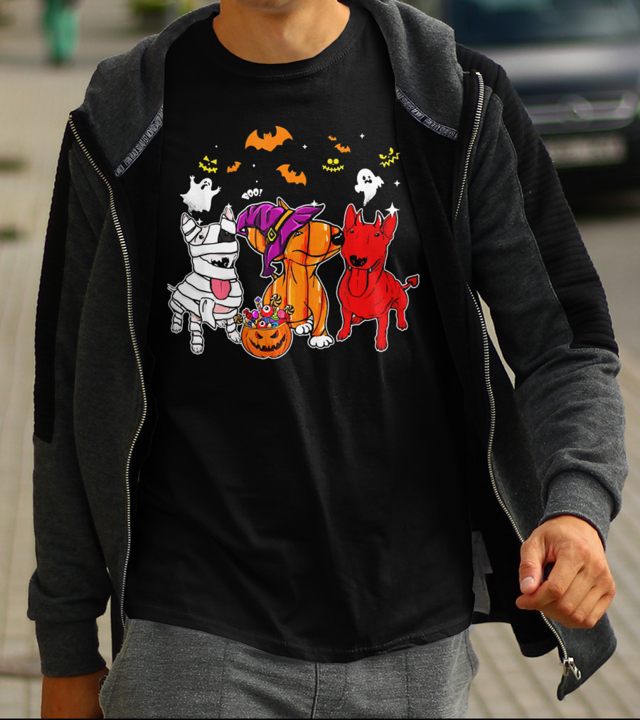 Adorable Bull Terrier Trio In Halloween Costumes With Spooky Ghosts And Bats T-Shirt