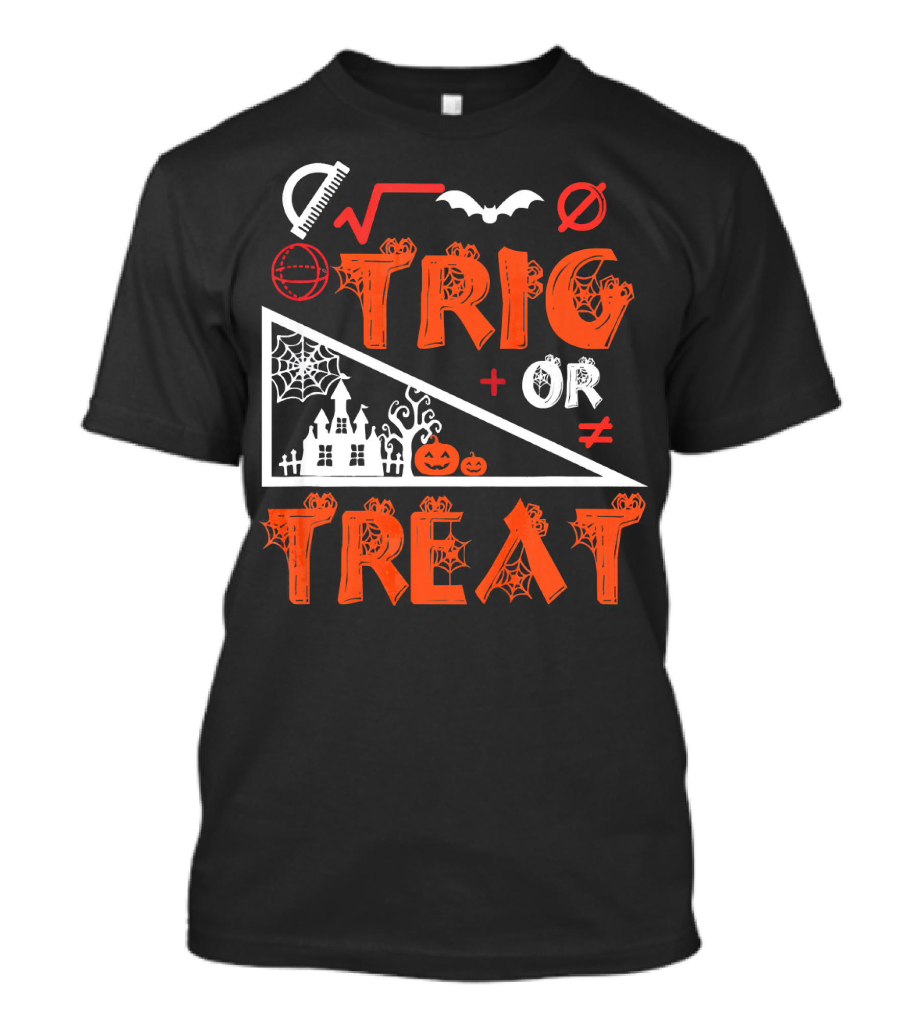 Trig Or Treat Math Halloween Costume Concept With Spooky Castle, Spider Webs, And Math Symbols T-Shirt