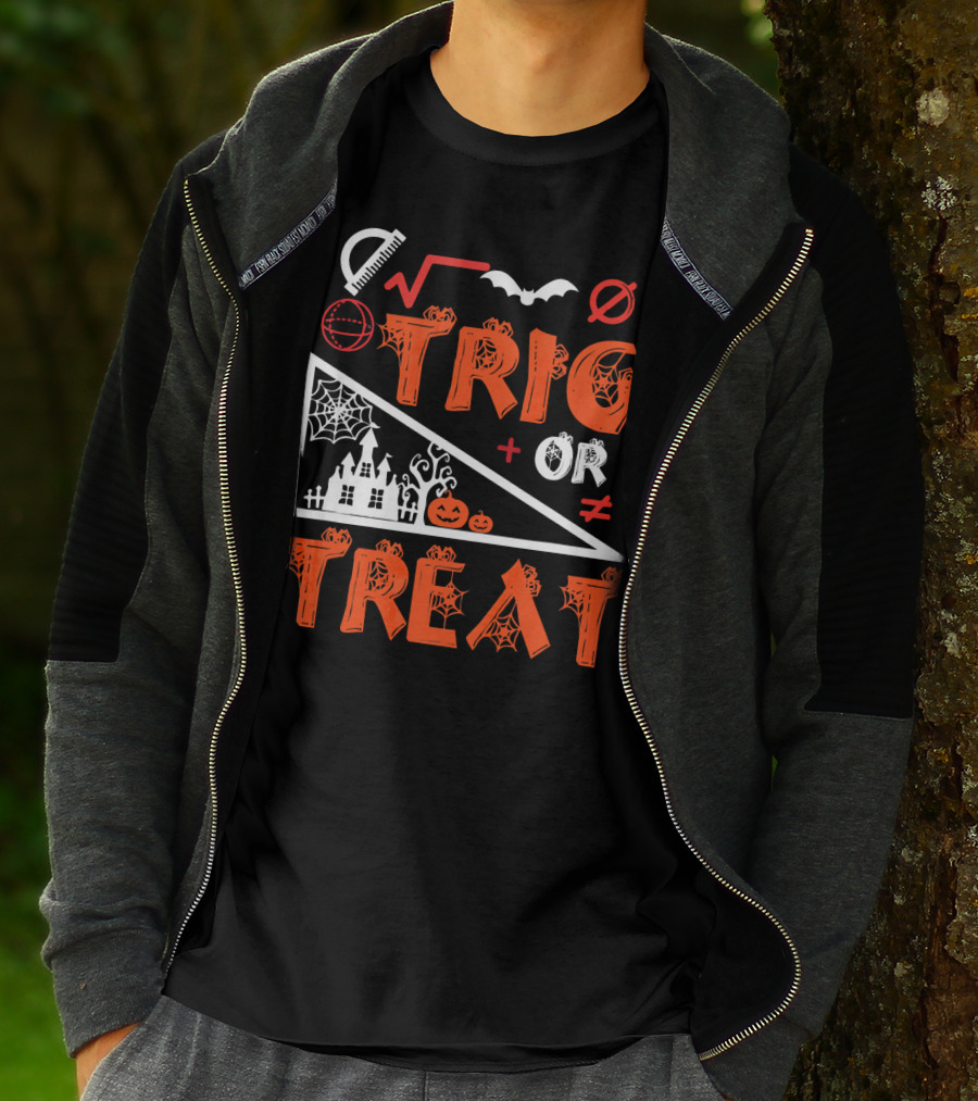 Trig Or Treat Math Halloween Costume Concept With Spooky Castle, Spider Webs, And Math Symbols T-Shirt
