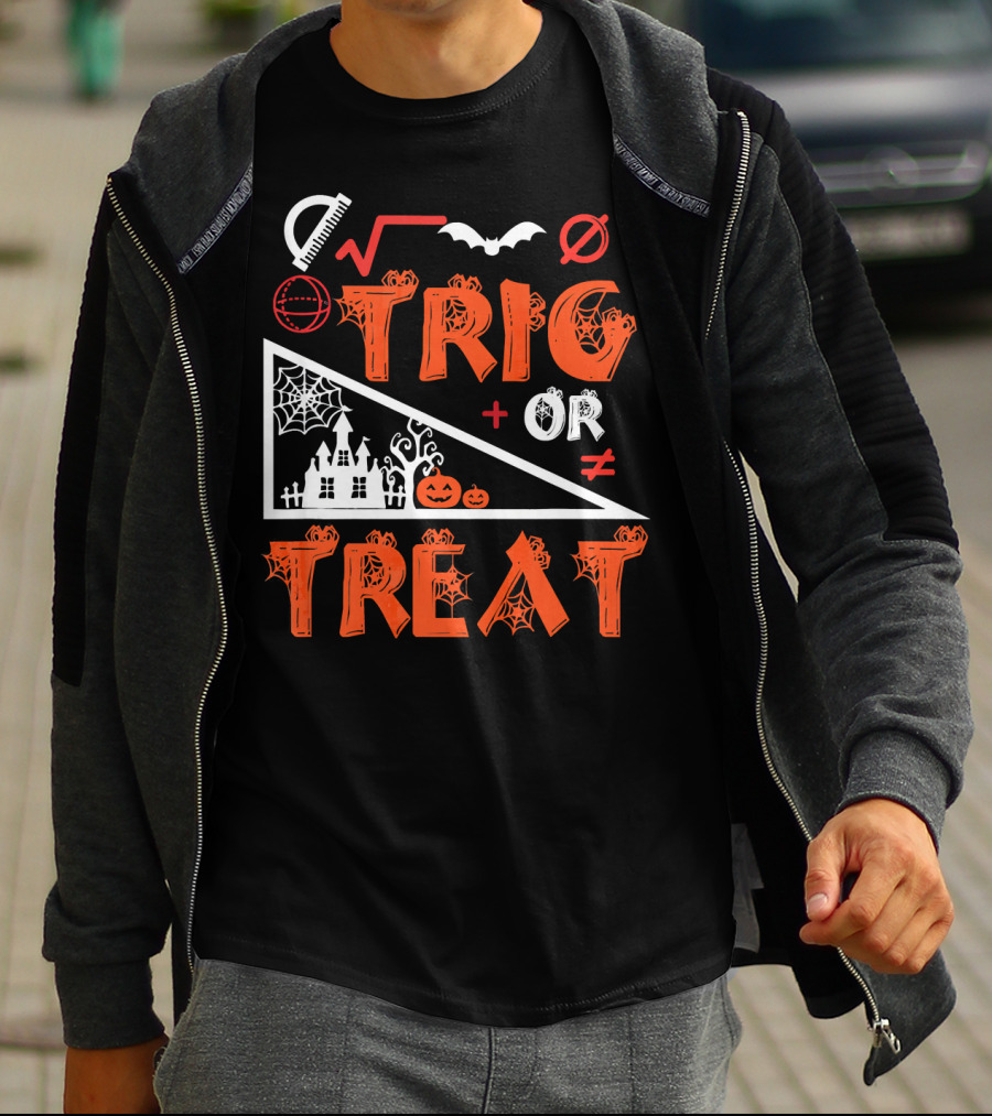 Trig Or Treat Math Halloween Costume Concept With Spooky Castle, Spider Webs, And Math Symbols T-Shirt