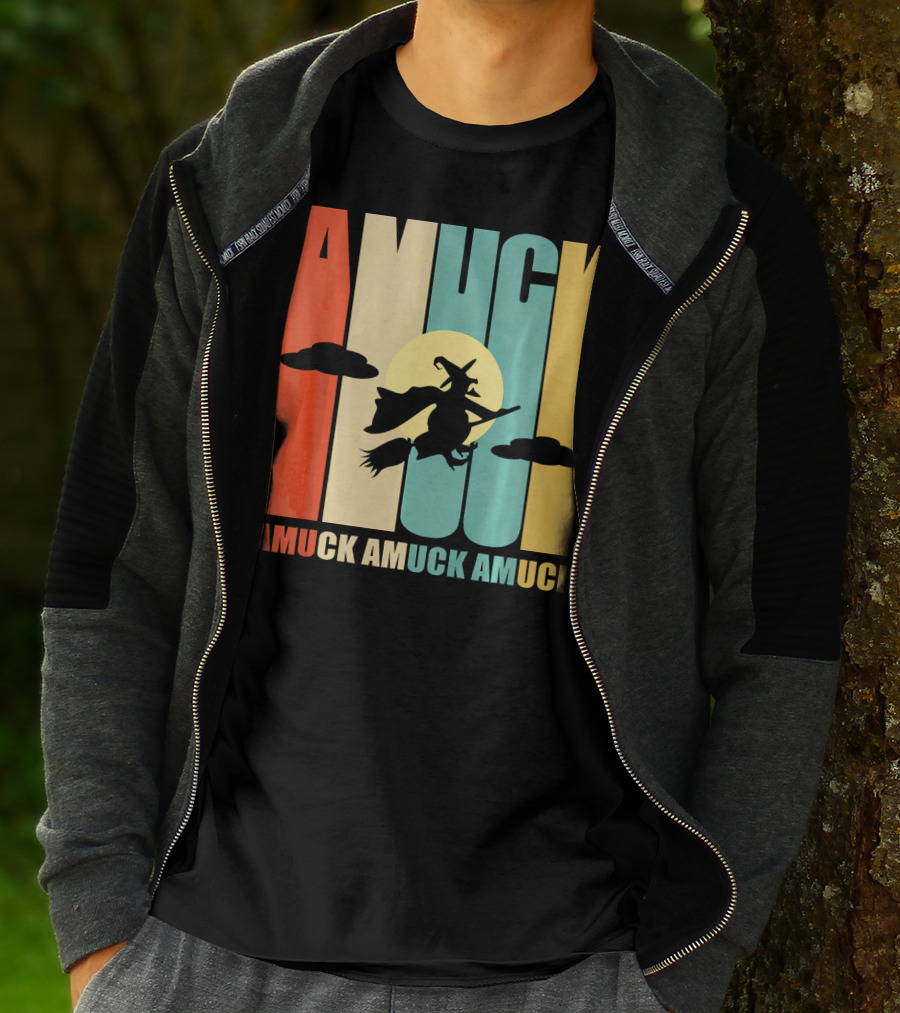 Amuck Amuck Amuck Vintage Witch On Broom Silhouette With Sunset Background T-Shirt