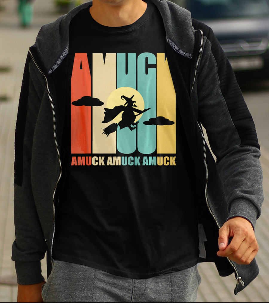 Amuck Amuck Amuck Vintage Witch On Broom Silhouette With Sunset Background T-Shirt