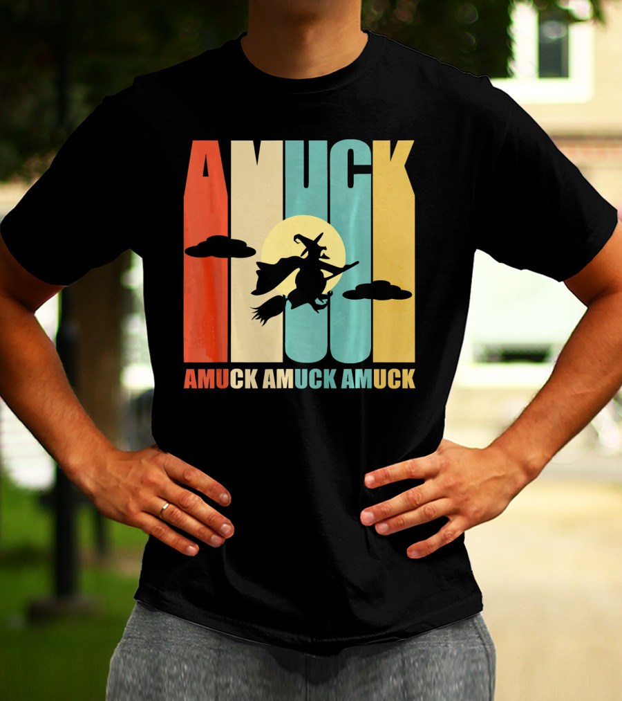 Amuck Amuck Amuck Vintage Witch On Broom Silhouette With Sunset Background T-Shirt
