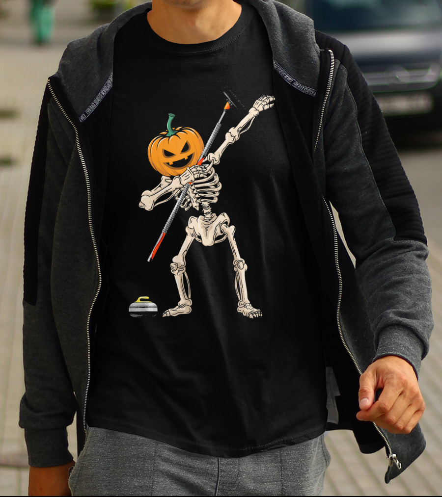 Pumpkin Skeleton Dabbing Curling Halloween T-Shirt