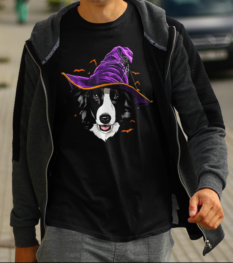 Border Collie Halloween Witch Hat With Flying Bats T-Shirt