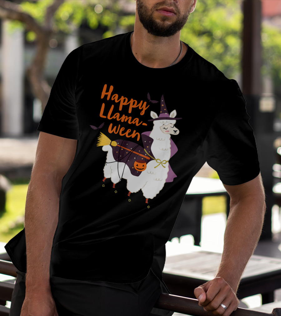 Happy Llamaween Witchy Halloween Llama With Hat And Broom T-Shirt