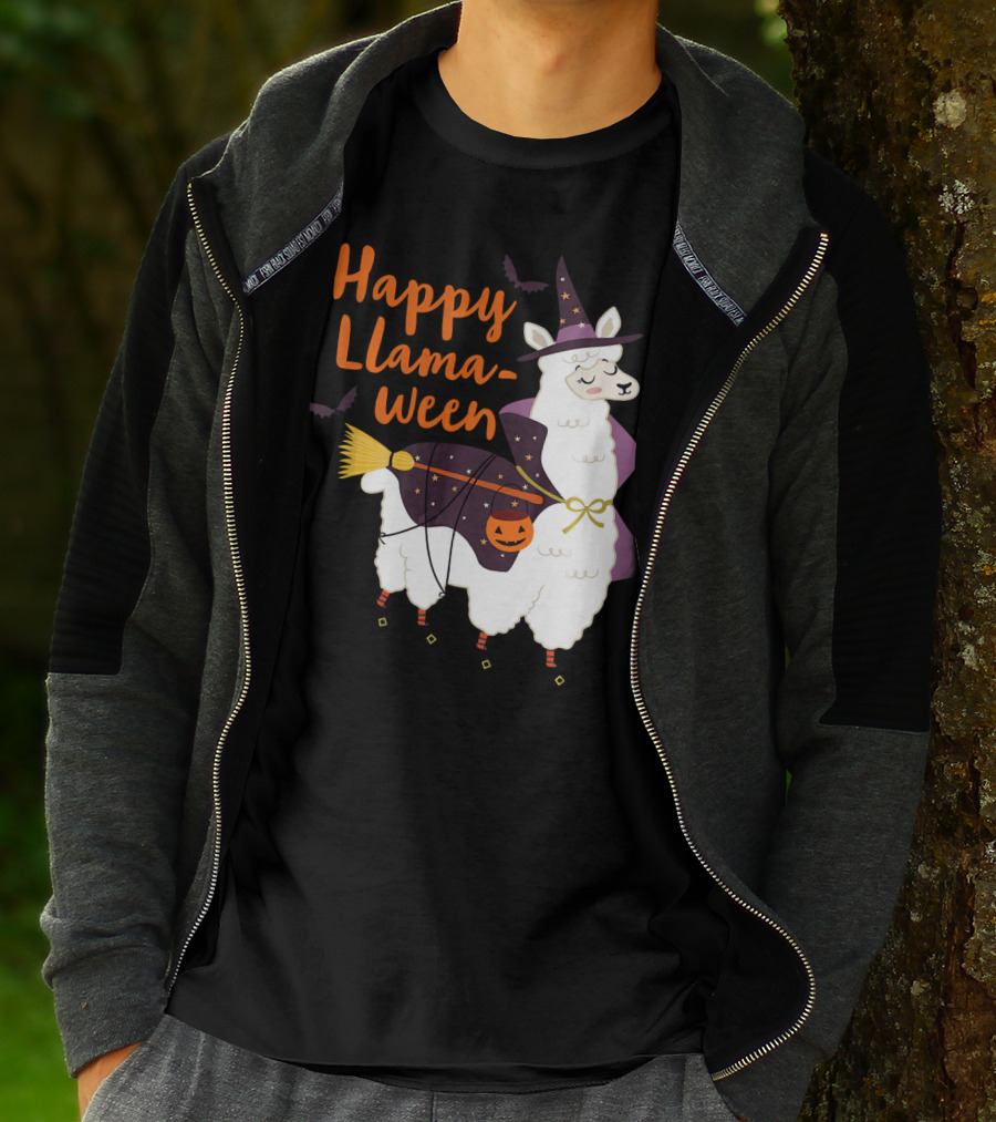 Happy Llamaween Witchy Halloween Llama With Hat And Broom T-Shirt