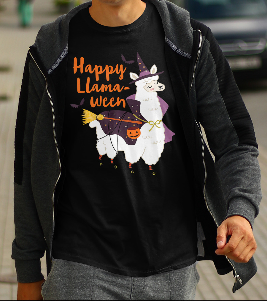 Happy Llamaween Witchy Halloween Llama With Hat And Broom T-Shirt