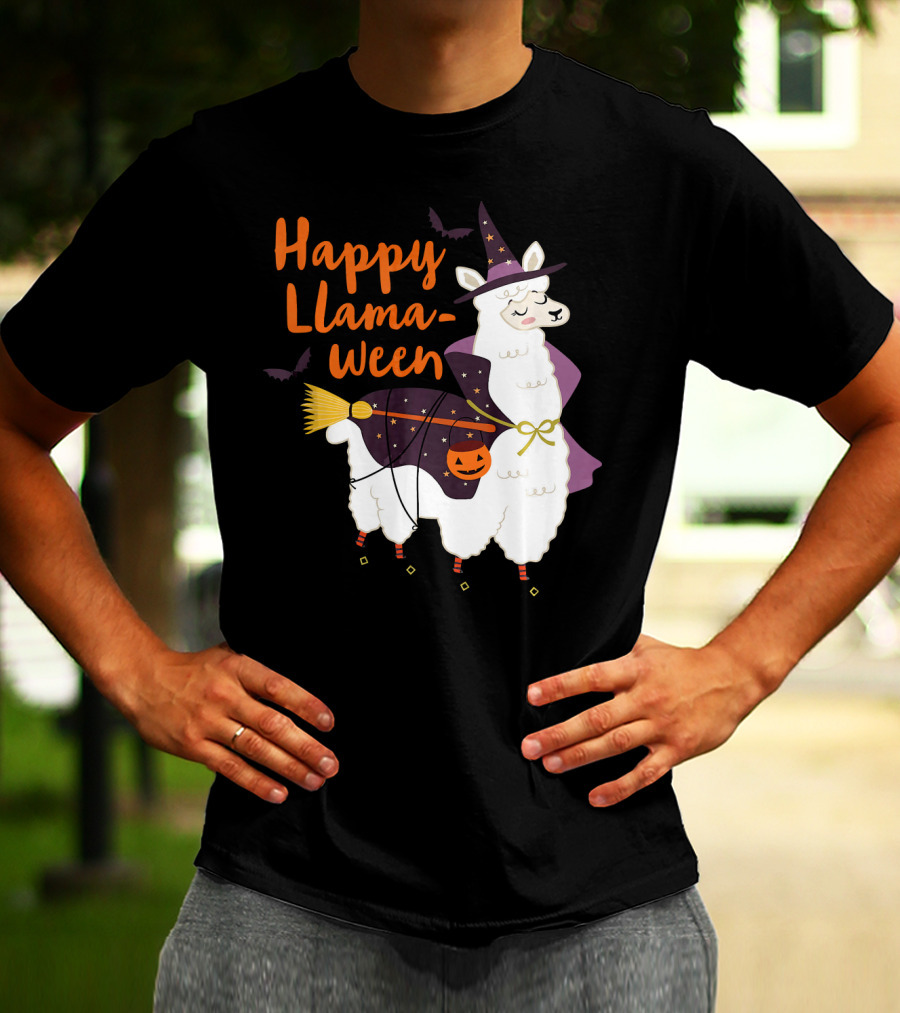 Happy Llamaween Witchy Halloween Llama With Hat And Broom T-Shirt