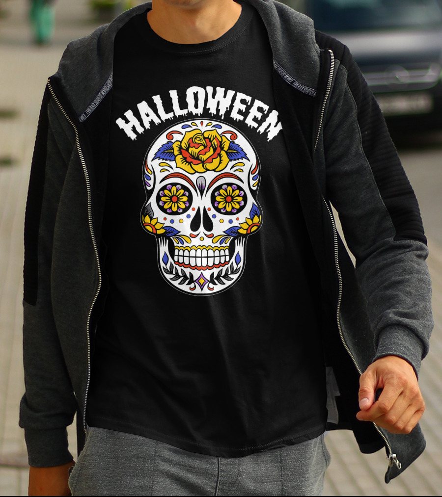 Halloween Calaveras Skull With Floral T-Shirt