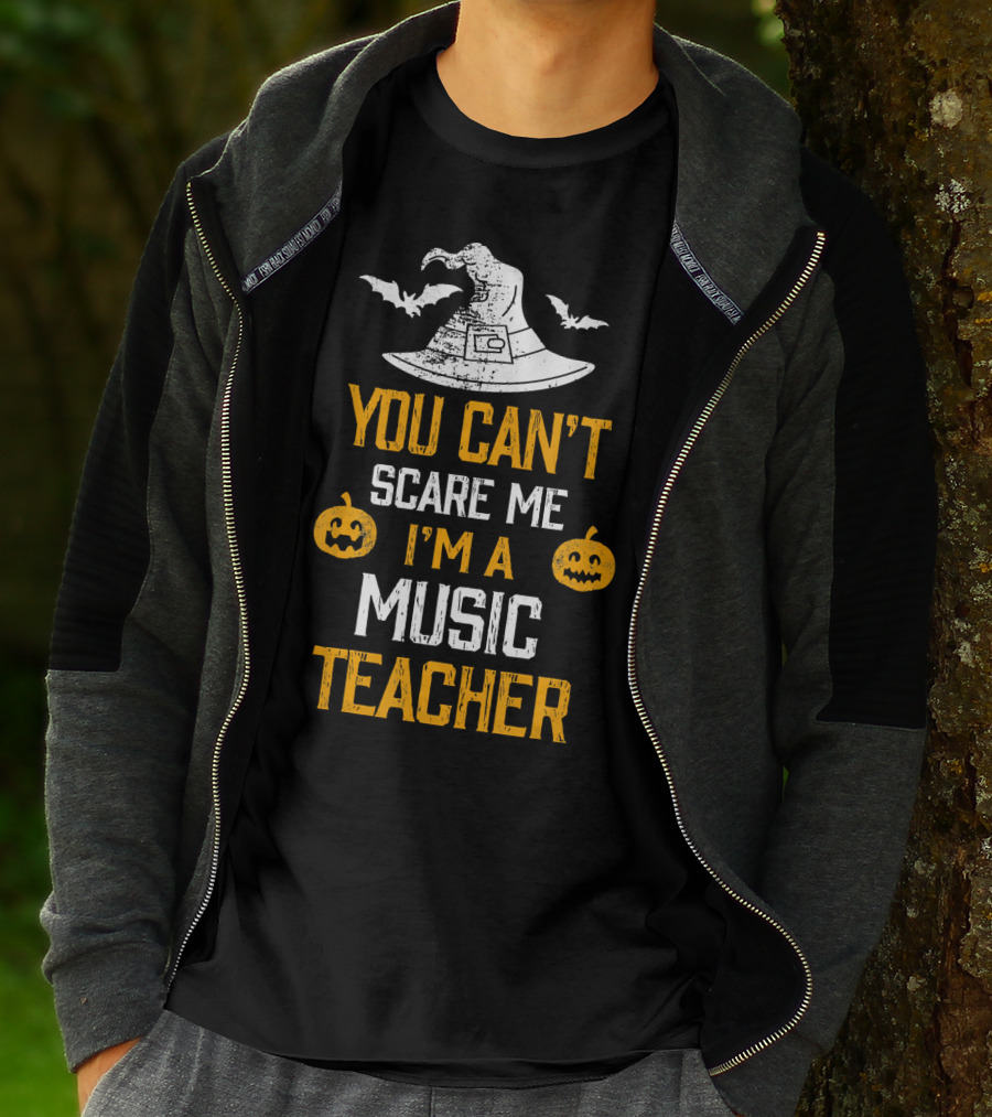 You Can't Scare Me I'm A Music Teacher Witch Hat Bats Pumpkins T-Shirt