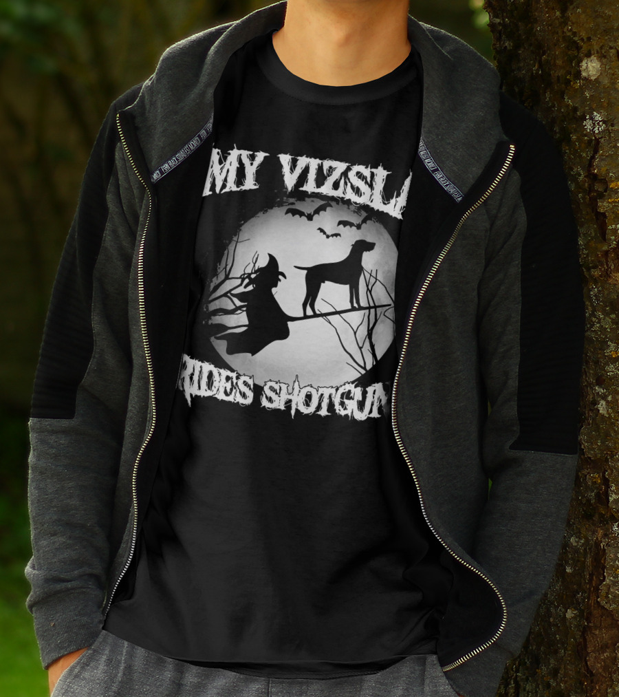 My Vizsla Rides Shotgun Halloween Witch Moon Bats T-Shirt