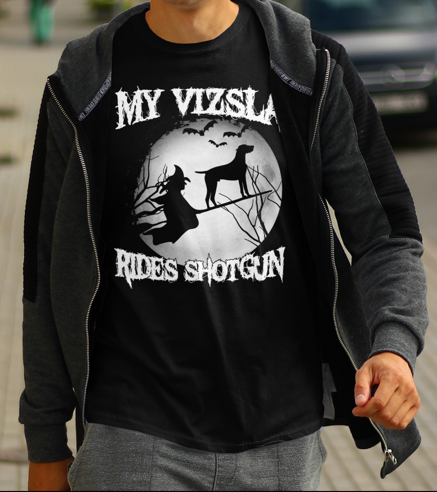 My Vizsla Rides Shotgun Halloween Witch Moon Bats T-Shirt