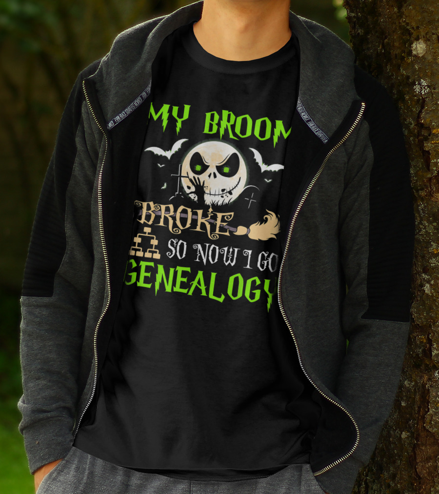 My Broom Broke So Now I Go Genealogy Halloween Skeleton Face Bats T-Shirt