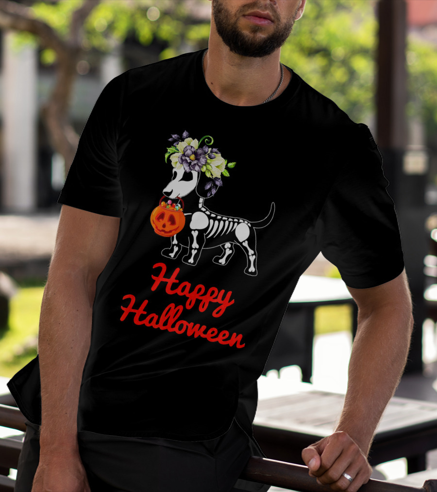 Happy Halloween Skeleton Dachshund With Pumpkin And Floral Crown T-Shirt