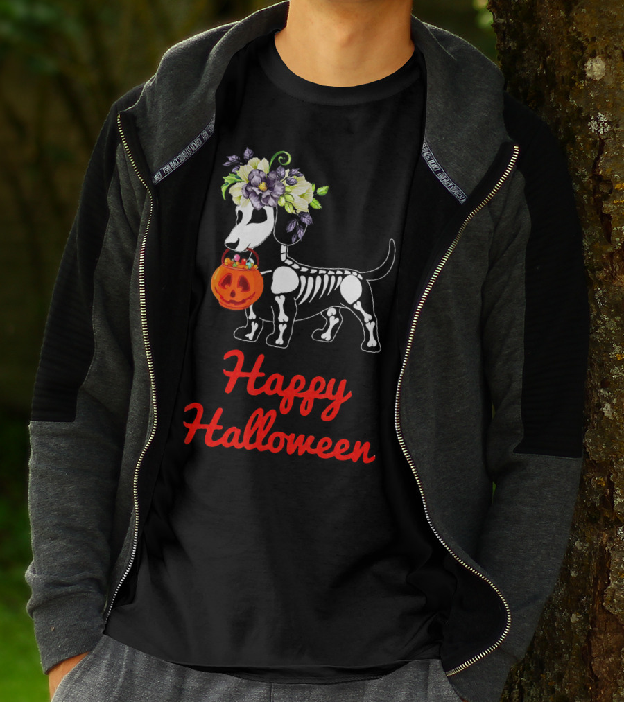 Happy Halloween Skeleton Dachshund With Pumpkin And Floral Crown T-Shirt
