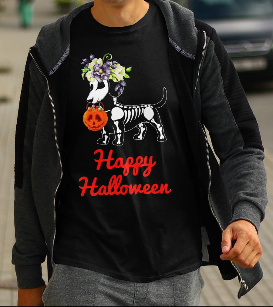 Happy Halloween Skeleton Dachshund With Pumpkin And Floral Crown T-Shirt
