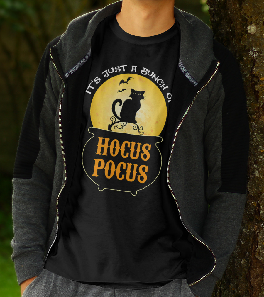 It's Just A Bunch Of Hocus Pocus Halloween Black Cat Cauldron Moon Bats T-Shirt