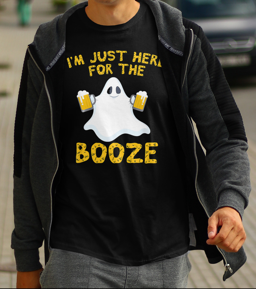 I'm Just Here For The Booze Ghost Holding Beer Mugs T-Shirt