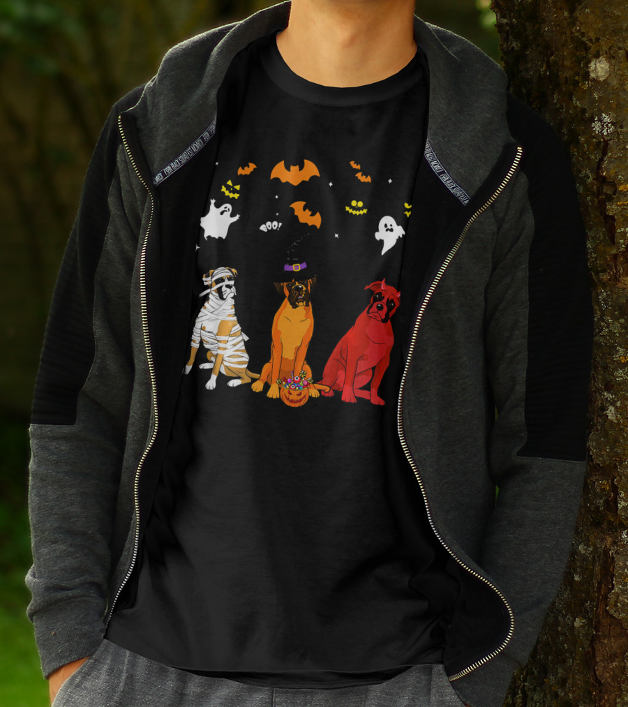 Halloween Boxer Dogs Mummy Witch Ghosts Bats T-Shirt