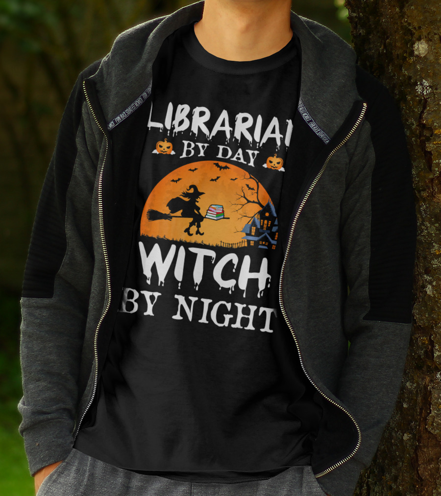 Librarian By Day Witch By Night Halloween Broomstick Silhouette With Books And Haunted House T-Shirt