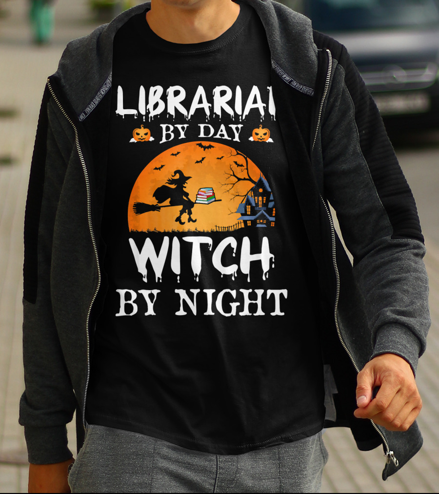 Librarian By Day Witch By Night Halloween Broomstick Silhouette With Books And Haunted House T-Shirt