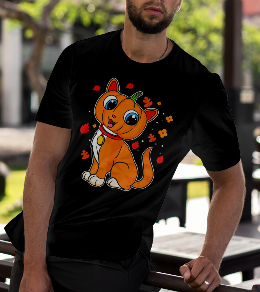Halloween Pumpkin Cat With Autumn Leaves And Flowers T-Shirt