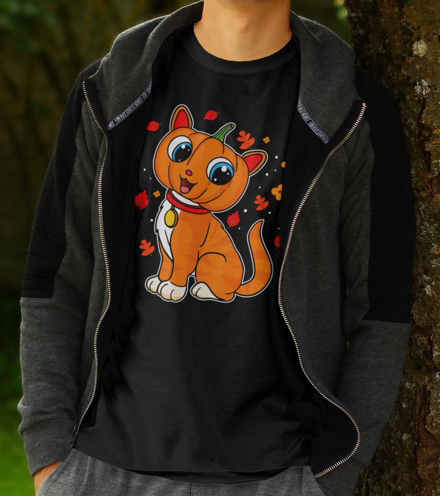 Halloween Pumpkin Cat With Autumn Leaves And Flowers T-Shirt