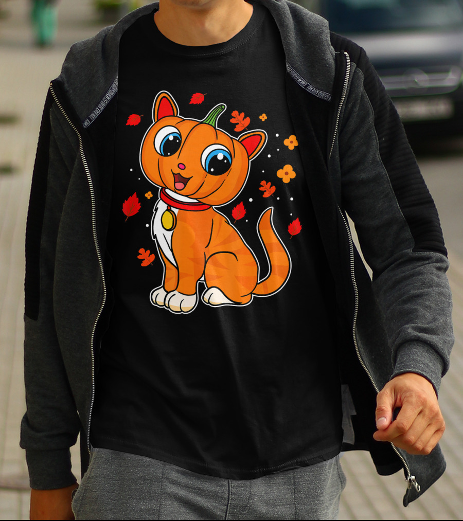 Halloween Pumpkin Cat With Autumn Leaves And Flowers T-Shirt
