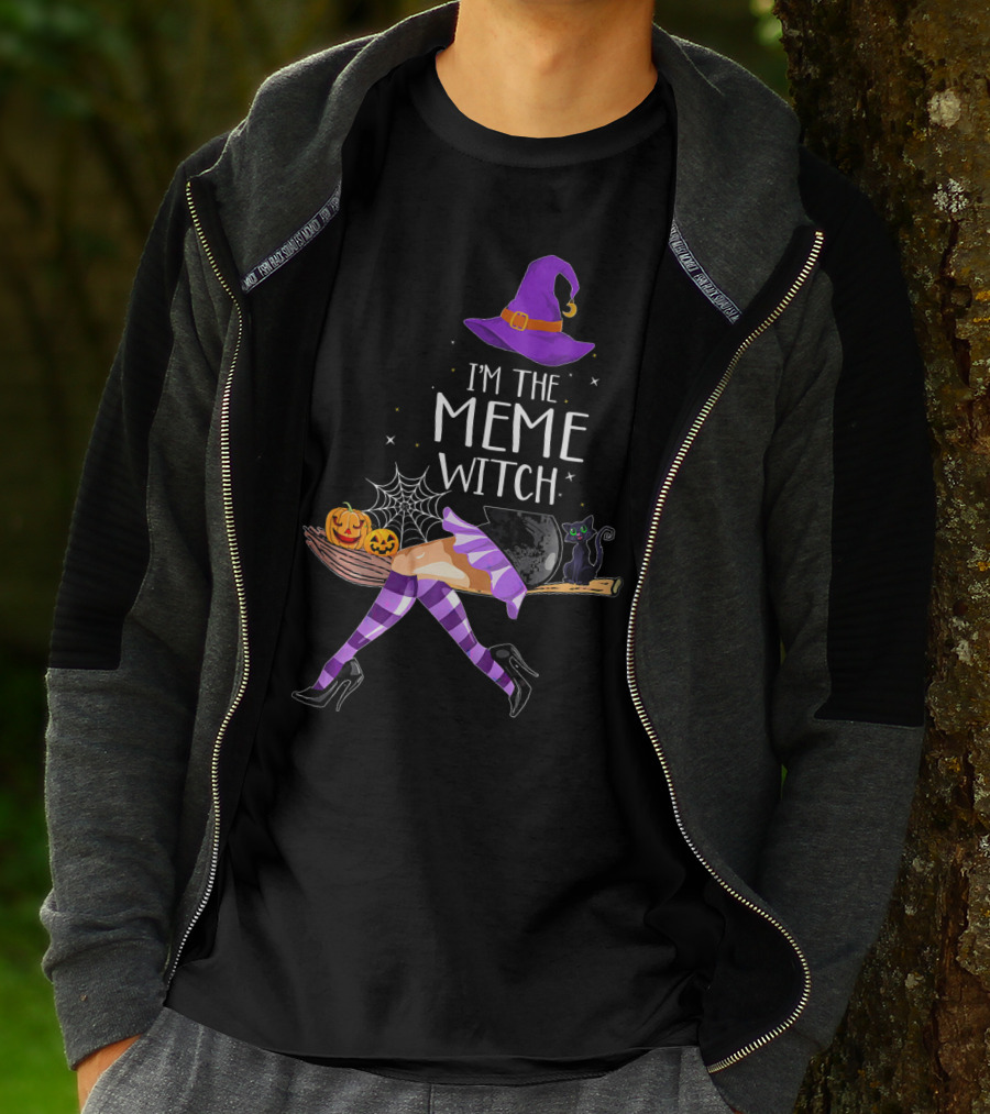 I'm The Meme Witch Halloween Cat Pumpkin Broomstick Hat T-Shirt