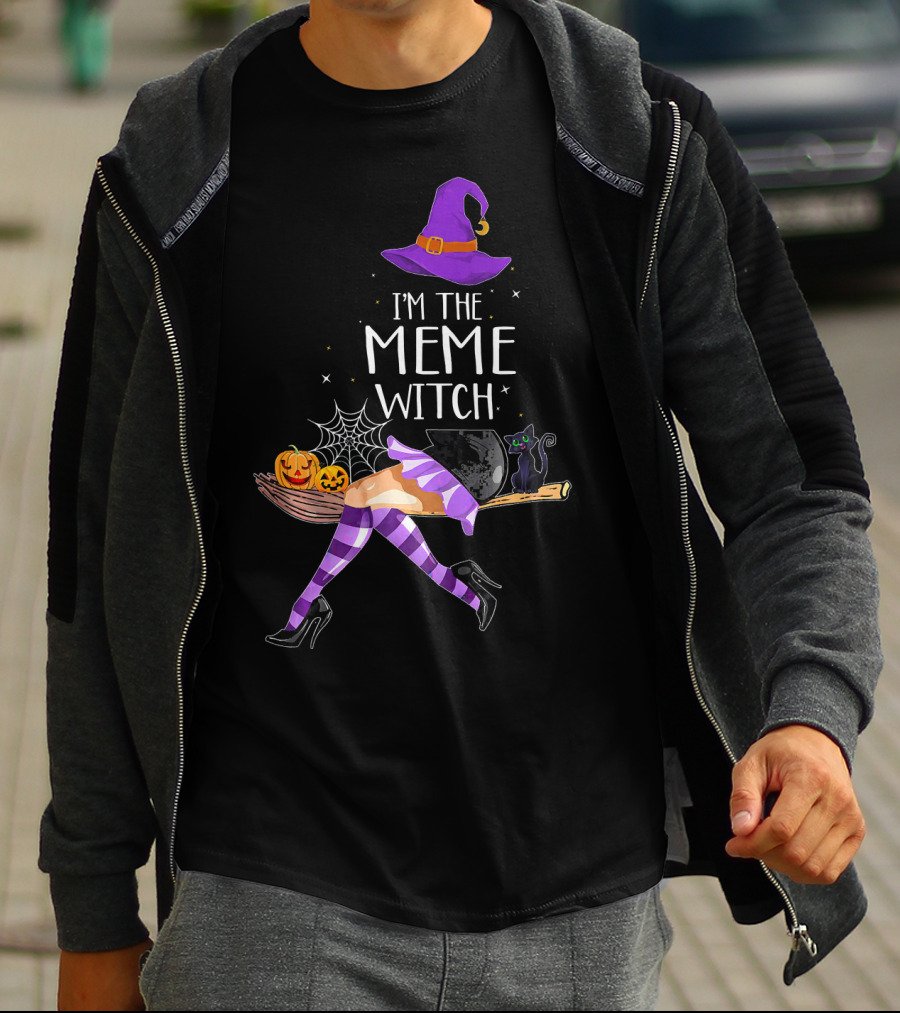 I'm The Meme Witch Halloween Cat Pumpkin Broomstick Hat T-Shirt