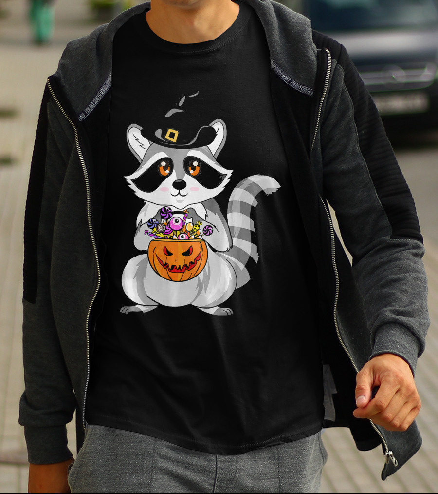 Halloween Raccoon Witch Hat Pumpkin Candy T-Shirt