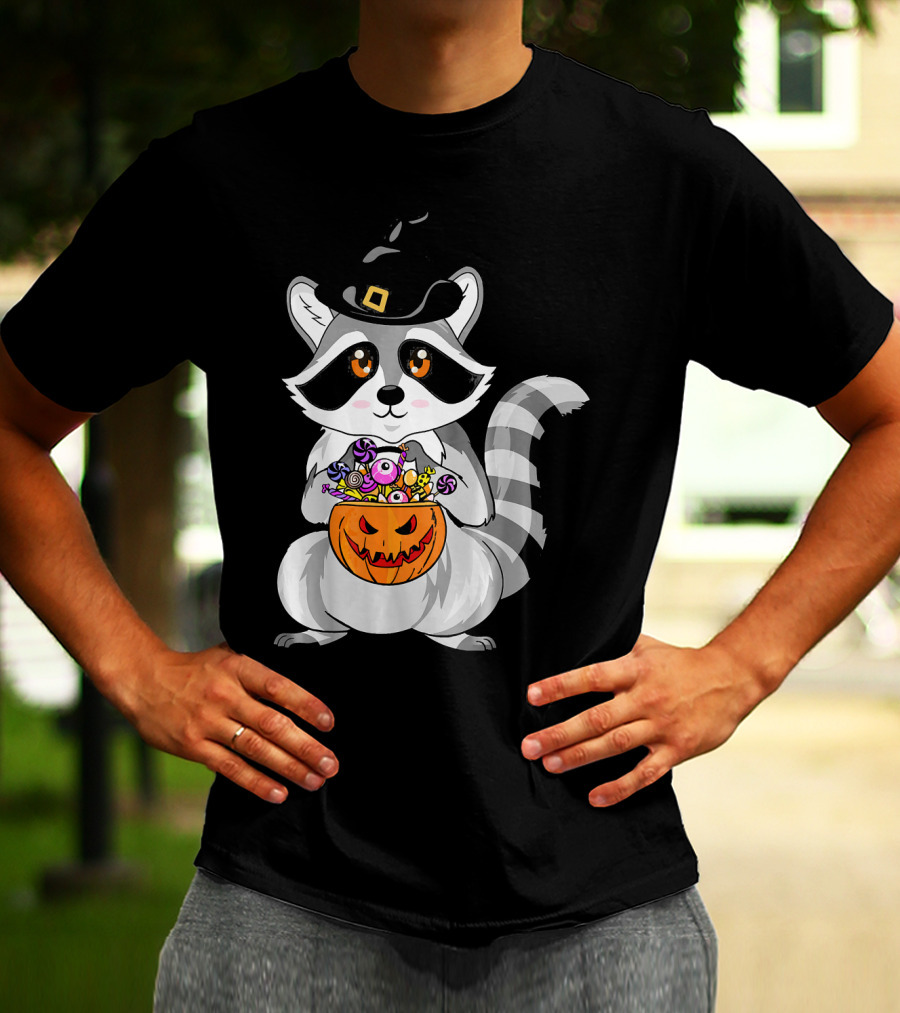 Halloween Raccoon Witch Hat Pumpkin Candy T-Shirt