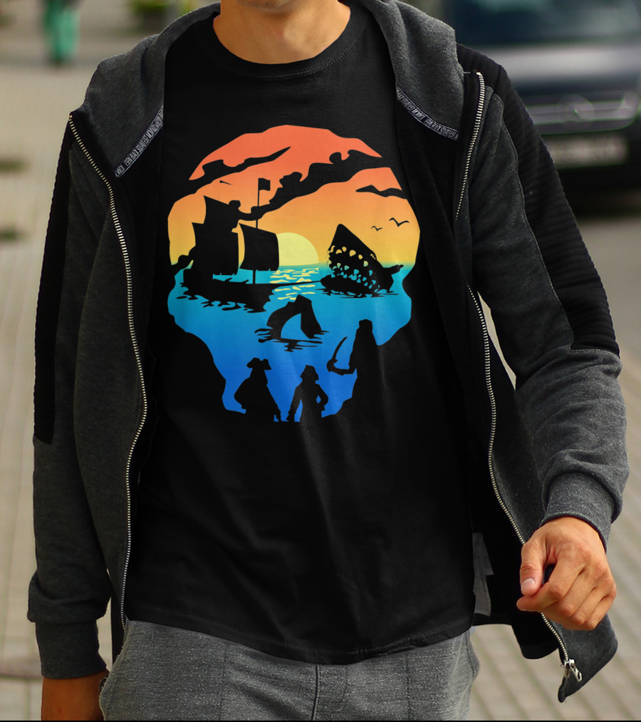 Mens Skeleton Skull Pirate Ship Sunset T-Shirt