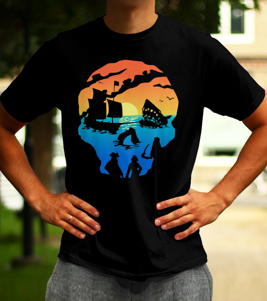 Mens Skeleton Skull Pirate Ship Sunset T-Shirt