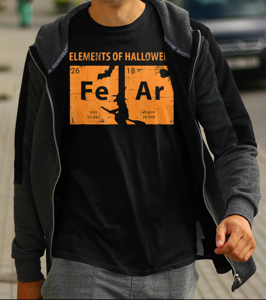 Elements Of Halloween Periodic Table Fe Ar 26 18 Iron Argon Witch Bat Spider T-Shirt