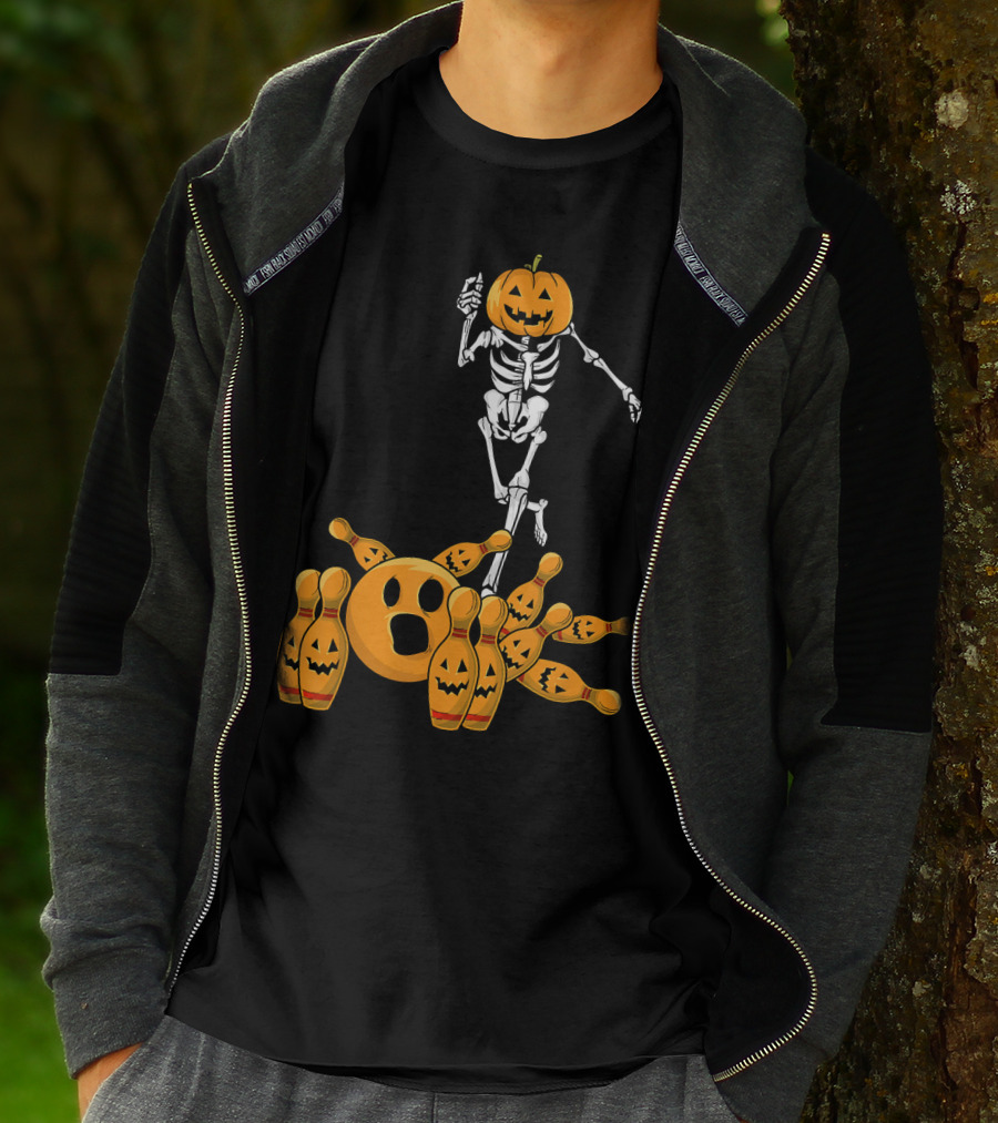 Bones Skeleton Pumpkin Head Halloween Bowling Pin Strike T-Shirt