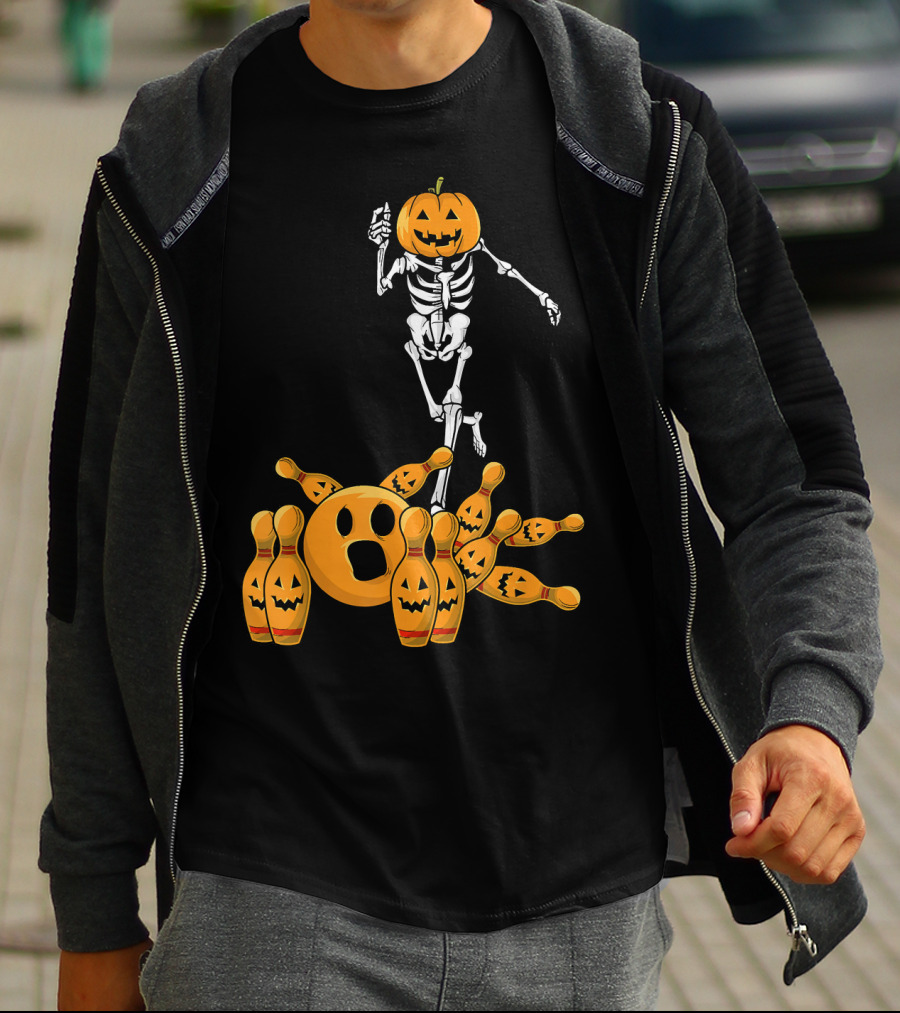 Bones Skeleton Pumpkin Head Halloween Bowling Pin Strike T-Shirt