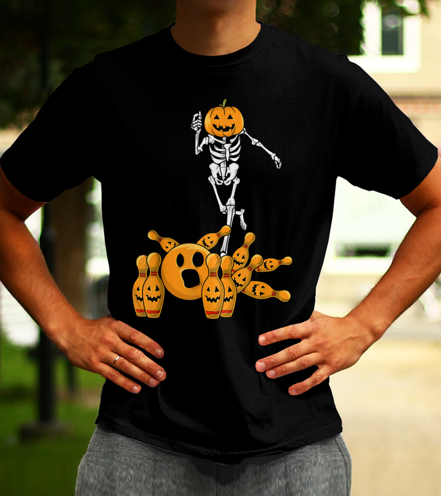 Bones Skeleton Pumpkin Head Halloween Bowling Pin Strike T-Shirt